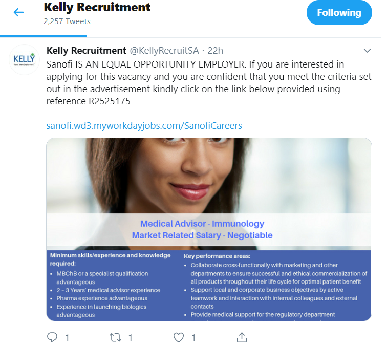 Kelly Recruitment, notorious for violating human rights, placed this advert for SANOFI